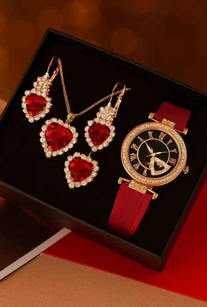 RELOJ + ARETES + COLLAR (ROJO)